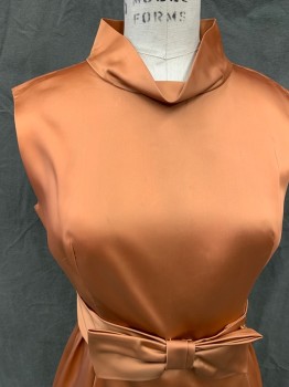 N/L, Copper Metallic, Silk, Solid, Wide Droopy Band Collar, Sleeveless. Pleated Skirt, Zip Back, Self Belt with Bow with Hook & Eyes in Front,
