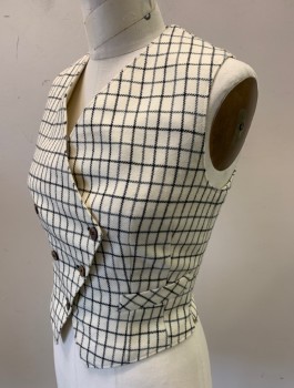Womens, Vest, N/L, Cream, Black, Wool, Plaid - Tattersall, W:27, B:34, Double Breasted, Wrapped V-neck, 2 Welt Pocket, Fitted,