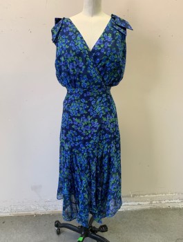 THE KOOPLES, Navy Blue, Blue, Green, Cornflower Blue, Polyester, Viscose, Floral, Chiffon, Wrap Dress, Wrapped V-neck, 3D Self Bows at Shoulders, Knee Length