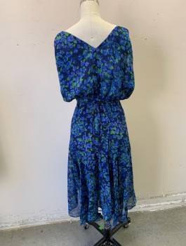 Womens, Dress, Sleeveless, THE KOOPLES, Navy Blue, Blue, Green, Cornflower Blue, Polyester, Viscose, Floral, B34, 2, W26, Chiffon, Wrap Dress, Wrapped V-neck, 3D Self Bows at Shoulders, Knee Length