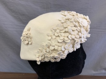 Womens, Hat, N/L, Ivory White, Wool, Floral, Solid, 22", Lovely Beret Style, Self Felt Flowers with Pearl Centers. Used to Have a Net Veil. a Few Loose Flowers.