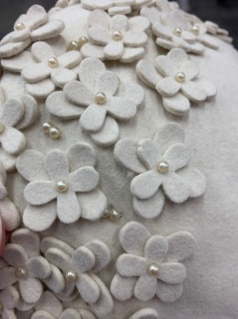 Womens, Hat, N/L, Ivory White, Wool, Floral, Solid, 22", Lovely Beret Style, Self Felt Flowers with Pearl Centers. Used to Have a Net Veil. a Few Loose Flowers.