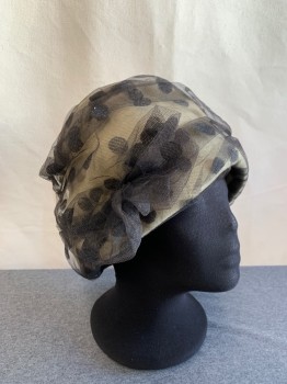 CALLANAN NEW YORK, Taupe, Black, Wool, Nylon, Dots, Taupe Felt Cloche, Draped Black Tulle with Polka Dots, 2 Tulle Bows