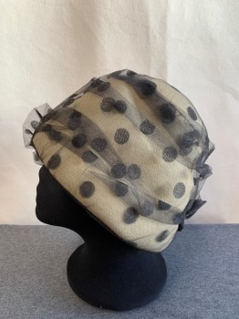 CALLANAN NEW YORK, Taupe, Black, Wool, Nylon, Dots, Taupe Felt Cloche, Draped Black Tulle with Polka Dots, 2 Tulle Bows