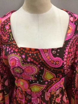 MR "B" OF CALIFORNIA, Hot Pink, Brown, Pink, Orange, Chartreuse Green, Nylon, Paisley/Swirls, Floral, Vibrant Psychadelic Pattern, Flared 3/4 Sleeves, Square Neck, Empire Waist, Self Ties At Waist, Floor Length Hem, Late 1960's