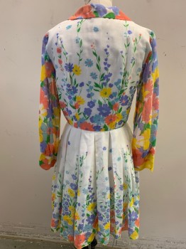 N/L, White, Yellow, Apricot Orange, Green, Blue, Polyester, Cotton, Floral, Long Sleeves, 3 Buttons Center Front, Box Pleats, Collar Attached,
