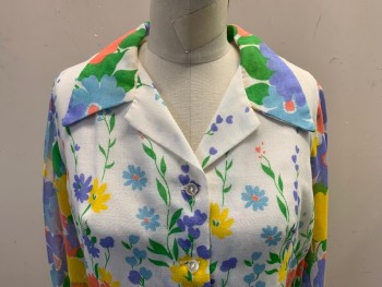 N/L, White, Yellow, Apricot Orange, Green, Blue, Polyester, Cotton, Floral, Long Sleeves, 3 Buttons Center Front, Box Pleats, Collar Attached,