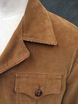 Mens, Jacket, ENGLISH SQUIRE, Caramel Brown, Cotton, Solid, 44, Corduroy, Single Breasted, Collar Attached, Notched Lapel, 4 Flap Pockets, Long Sleeves