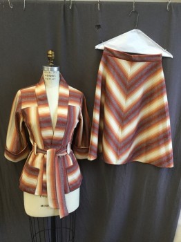 Womens, 1970s Vintage, Suit, Jacket, N/L, Dk Red, Orange, Lt Brown, Off White, Heather Gray, Polyester, Wool, Stripes - Vertical , Stripes - Horizontal , 9, 2" Placket Trim Open Front, Yoke Front & Back, 3/4 Sleeves with Cuff, 2 Pockets with SELF Detached Belt, with Matching Skirt