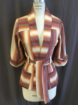 Womens, 1970s Vintage, Suit, Jacket, N/L, Dk Red, Orange, Lt Brown, Off White, Heather Gray, Polyester, Wool, Stripes - Vertical , Stripes - Horizontal , 9, 2" Placket Trim Open Front, Yoke Front & Back, 3/4 Sleeves with Cuff, 2 Pockets with SELF Detached Belt, with Matching Skirt