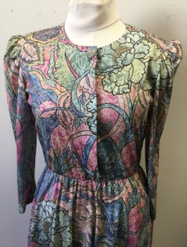BEDFORD FAIR, Multi-color, Terracotta Brown, Pink, Sea Foam Green, Gray, Polyester, Abstract , Floral, Long Puffy Sleeves, Round Neck, Shirt Waist with 1 Large Silver Accent Button at Neck, Elastic Waist, Knee Length, Padded Shoulders, **Barcode on Pocket