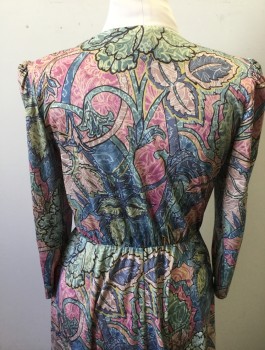 BEDFORD FAIR, Multi-color, Terracotta Brown, Pink, Sea Foam Green, Gray, Polyester, Abstract , Floral, Long Puffy Sleeves, Round Neck, Shirt Waist with 1 Large Silver Accent Button at Neck, Elastic Waist, Knee Length, Padded Shoulders, **Barcode on Pocket