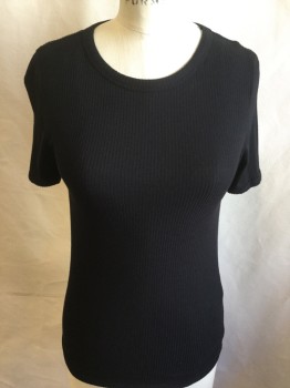 Womens, Top, OAK & FORT, Black, Rayon, Spandex, Solid, S, Black Ribbed Round Neck, Short Sleeves,