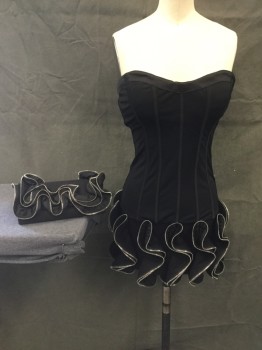 N/L, Black, Nylon, Elastane, Solid, Dress, Stretch, Sweetheart Neck Strapless, Side Zip, Lace Up Back, Silver Zipper Ruffle Skirt Detail, Mini, Attached Interior Padded Bra, Satin Vertical Stripe Detail, Matching Purse: Black Clutch with Silver Zipper Trimmed Ruffle, Dirty