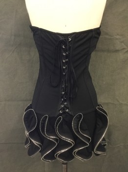 N/L, Black, Nylon, Elastane, Solid, Dress, Stretch, Sweetheart Neck Strapless, Side Zip, Lace Up Back, Silver Zipper Ruffle Skirt Detail, Mini, Attached Interior Padded Bra, Satin Vertical Stripe Detail, Matching Purse: Black Clutch with Silver Zipper Trimmed Ruffle, Dirty