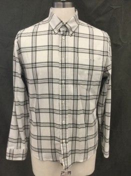 BILLY REID, Lt Gray, Black, Cotton, Grid , Very Light Gray/Black Grid, Flannel, Button Front, Collar Attached, Long Sleeves, Button Cuff, 1 Pocket, Button Down Collar