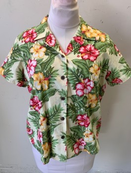 HANAUMA BAY, Multi-color, Ecru, Fuchsia Pink, Green, Yellow, Cotton, Hawaiian Print, Tropical , Short Sleeve, Button Front, Notched Collar Attached