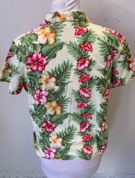 HANAUMA BAY, Multi-color, Ecru, Fuchsia Pink, Green, Yellow, Cotton, Hawaiian Print, Tropical , Short Sleeve, Button Front, Notched Collar Attached
