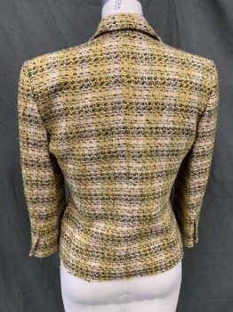 ANNE KLEIN, Dk Brown, Off White, Turmeric Yellow, Green, Orange, Acrylic, Cotton, Mottled, Basket Weave, Single Breasted, Collar Attached, Notched Lapel, 1 Gold/Rhinestone Flower Button, 2 Pockets, 3/4 Sleeve, Raw Edges
