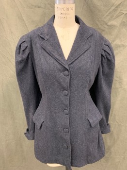 MTO, Dk Blue, Black, Wool, Herringbone, Tweed, Fabric Covered Button Front, Collar Attached, Notched Lapel, Pleated Shoulders, Long Sleeves, 2 Pockets, Turned Back Cuff,