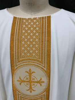 Unisex, Chasuble, ASSISI BY SABBINCK, Cream, Gold, Taupe, Polyester, Solid, O/S, Round Neck with Rope Trim,  Pullover, Poncho, Gold Glitter and Taupe Ornate 5 1/2" Ribbon Center Front and Center Back