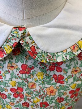 MARCO & LIZZY, Multi-color, Tomato Red, Mint Green, White, Yellow, Cotton, Floral, Busy Floral with Solid White Peter Pan Collar with Self Ruffle, Sleeveless, Orange and Yellow Smocking at Waist, Gathered Waist, Self Ties at Sides, Buttons in Back