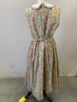 MARCO & LIZZY, Multi-color, Tomato Red, Mint Green, White, Yellow, Cotton, Floral, Busy Floral with Solid White Peter Pan Collar with Self Ruffle, Sleeveless, Orange and Yellow Smocking at Waist, Gathered Waist, Self Ties at Sides, Buttons in Back