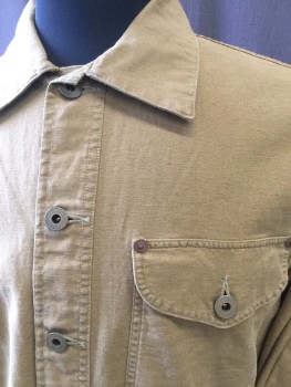 RALPH LAUREN, Caramel Brown, Cotton, Solid, Button Front, Collar Attached, 1 Flap Pocket, Vintage Looking Camp Shirt, Western Back Yoke, Metal Button Rivets, Long Sleeves, Vintage Work Shirt Look