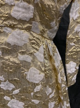 N/L, Gold, White, Lurex, Abstract , Brocade Gold with White Cloud-like Shapes, Long Sleeves, Pleated and Gathered Skirt, Back Zip,