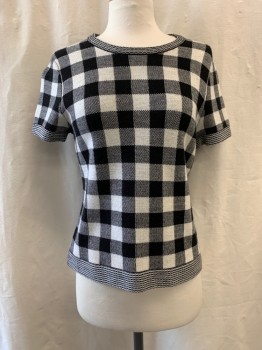 Womens, Top, BROOK BROTHERS, Off White, Black, Wool, Plaid, S, Crew Neck, Knit, Short Sleeves, Horizontal Stripe on Neck, Cuffs, & Waist