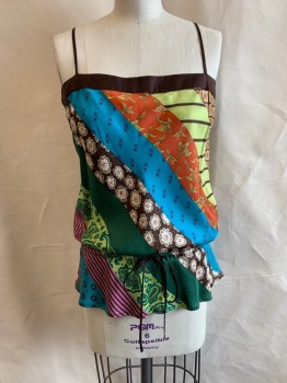 Womens, Top, BCBG, Green, Multi-color, Silk, Stripes, Floral, S, Brown Adj Straps, Drawstring Waist, Lime Green, Orange, Blue, Brown, Green, and Magenta Stripes with Paisley, Floral, Birds, Geometrical, Stars, and Polka Dots
