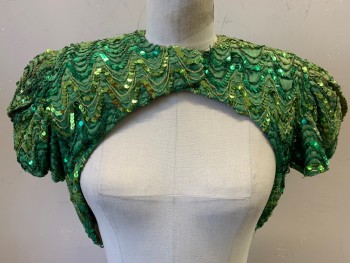Womens, 1960s Vintage, Piece 2, NO LABEL, Green, Emerald Green, Lime Green, Polyester, Silk, Zig-Zag , B34, Cover Up, S/S, Shoulder Slit, Front Clips, Shoulder Pads, Round Cut, MTO