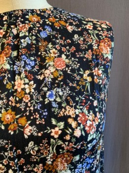 Womens, Top, TREASURE & BOND, Black, Multi-color, Cotton, Floral, S, Round Neck, Slvls, Keyhole Back, 2 Buttons at Back of Neck, Blue, Brown, White Flowers with Green Leaves