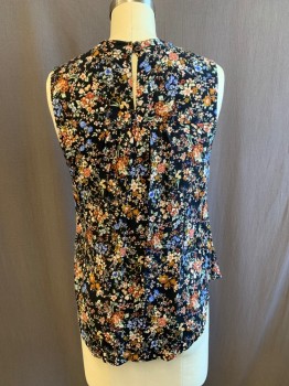 Womens, Top, TREASURE & BOND, Black, Multi-color, Cotton, Floral, S, Round Neck, Slvls, Keyhole Back, 2 Buttons at Back of Neck, Blue, Brown, White Flowers with Green Leaves