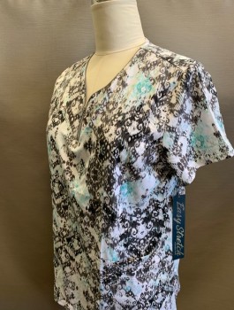 Unisex, Scrub Top, EASY STRETCH, White, Black, Aqua Blue, Teal Green, Polyester, Spandex, Abstract , L, S/S, Round Neck With Zipper, 4 Pockets At Hips