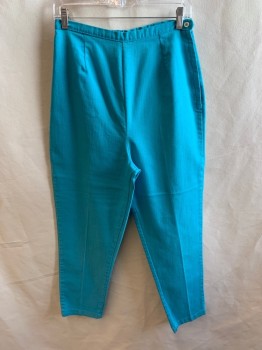 Womens, Pants, MTO, Sky Blue, Polyester, Solid, W28, CAPRI, Side Zipper, Adj 2 Button Tabs at Waistband, Side Button Closure