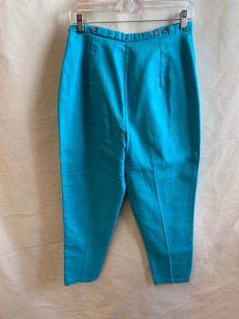 Womens, Pants, MTO, Sky Blue, Polyester, Solid, W28, CAPRI, Side Zipper, Adj 2 Button Tabs at Waistband, Side Button Closure