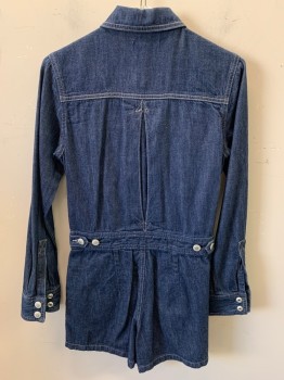 Womens, Jumpsuit, ALEXA CHUNG For AG, Indigo Blue, Cotton, Solid, XS, Long Sleeves, Shorts, 4 Pockets, Adjustable Waist Buttons, Snap Front, Collar Attached,