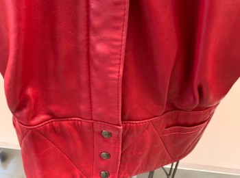 Womens, Leather Jacket, SIBYLLE LYN, Red, Leather, Solid, 8, Peter Pan Collar, Snap Front, 2 Slant Pckts, Dolman Sleeve, Ties @ Neck & Sleeves, 2 Pckts In Band @ Bottom, Padded Shoulders