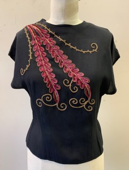 Womens, Blouse, N/L, Black, Magenta Pink, Gold, Synthetic, Sequins, Floral, B:34, Cap Sleeves, Round Neck, Large Leaf/Swirl Applique with Beads and Sequins, Buttons in Back