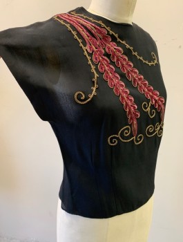 N/L, Black, Magenta Pink, Gold, Synthetic, Sequins, Floral, Cap Sleeves, Round Neck, Large Leaf/Swirl Applique with Beads and Sequins, Buttons in Back