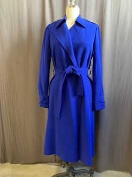 Womens, Coat, THEORY, Royal Blue, Acetate, Polyester, Solid, M, Collar Attached, Notched Lapel, Open Front, 2 Pockets, Snap Tabs at Cuff, Snap Epaulets, Self Belt, Back Storm Flap
