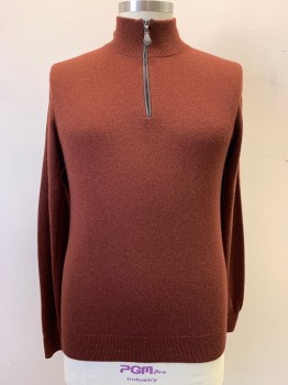 Mens, Pullover Sweater, NEIMAN MARCUS, Red Burgundy, Cashmere, XL, Stand Collar, Half Zip Front, Long Sleeves, Rib Knit Neck, Waist, & Cuffs