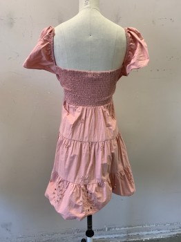 Womens, Dress, Short Sleeve, ZARA, Lt Pink, Cotton, Solid, Floral, XS, Sweetheart Neck, Cap Sleeves, Floral Eyelet, Ruched,