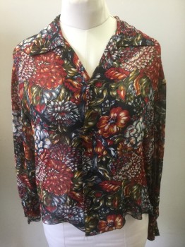 Womens, Blouse, N/L, Multi-color, Dk Red, Black, Olive Green, White, Polyester, Floral, L, B:38, Chiffon, Long Sleeve Button Front, Collar Attached, High/Low Hemline