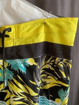 Mens, Swim Trunks, RIPCURL, Yellow, Black, White, Turquoise Blue, Polyester, Elastane, Tropical , Stripes, W34, Lace Up Waistband, Pocket With Flap And Velcro