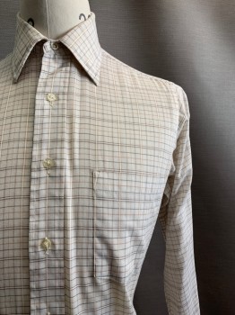 BULLOCK'S, Cream, Orange, Gray, Polyester, Cotton, Grid , L/S, Button Front, Collar Attached, Chest Pocket