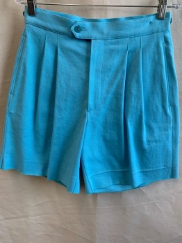 Womens, Shorts, MTO, Turquoise Blue, Cotton, Spandex, Solid, H41, W30, Reproduction 80s, Zip Front, Double Pleats, 3 Pockets, Adjustable Button Tab Side Waist