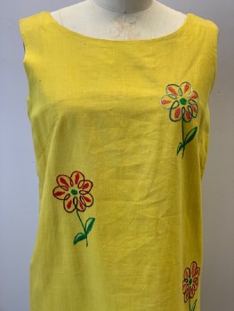 BEBE, Yellow, Green, Lt Blue, Red, Pink, Cotton, Floral, Sleeveless, Round Neck, Embroiderred Flowers, Back Zip,