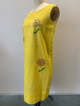 BEBE, Yellow, Green, Lt Blue, Red, Pink, Cotton, Floral, Sleeveless, Round Neck, Embroiderred Flowers, Back Zip,